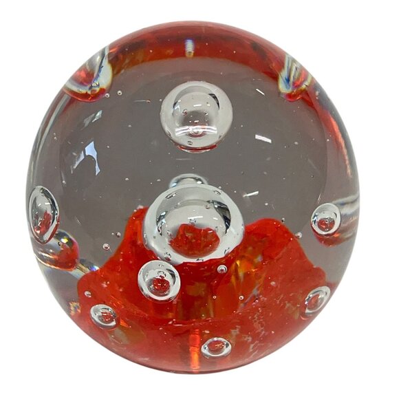 Handcrafted Clear Orange Glass Paperweight Art Piece Bubbles 3” Sphere - Picture 3 of 6